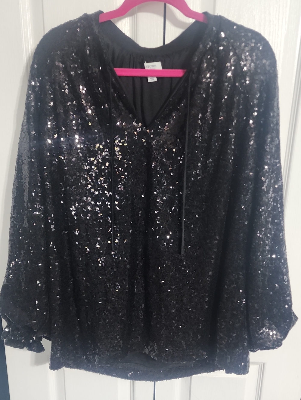 Crown & Ivy Black Sequin V-Neck Blouse with Tie